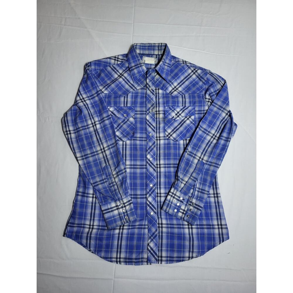 Wrangler Wrancher Western Pearl Snap Long Sleeve Shirt Blue Plaid Size M